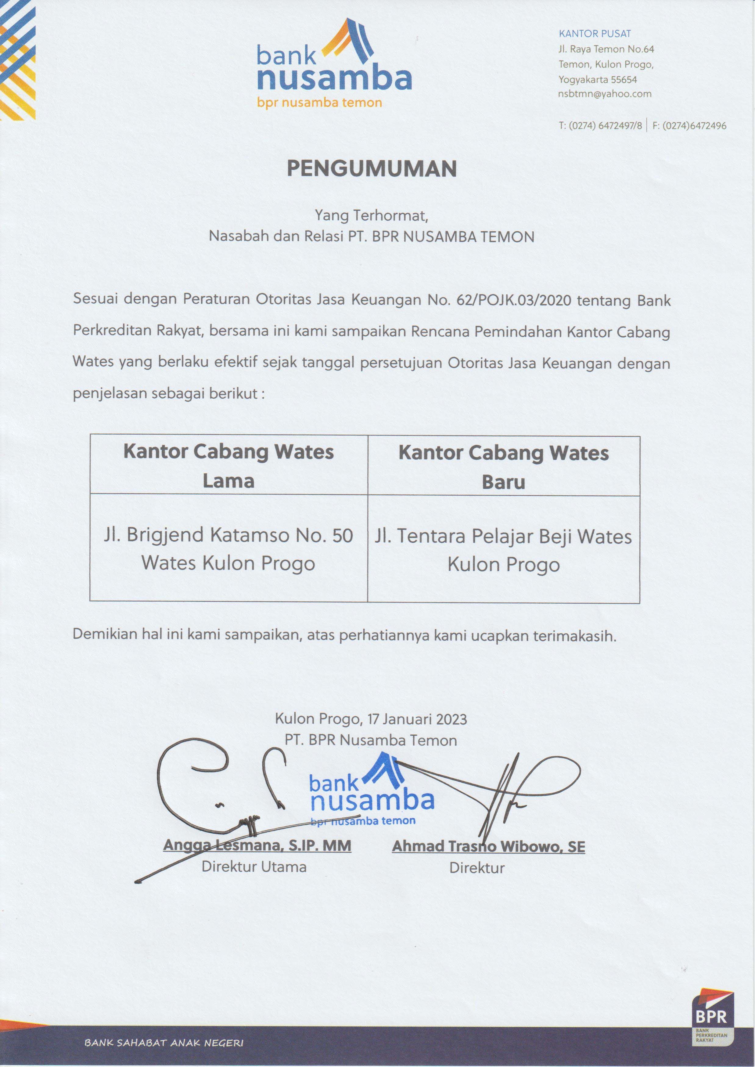 BPR Nusamba Temon Pindah Alamat